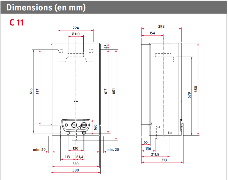 Dimensions chauffe bain Opalia C11