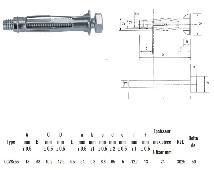 Schéma PROFIX - Cheville Molly métallique à expansion pour corps creux avec vis M8