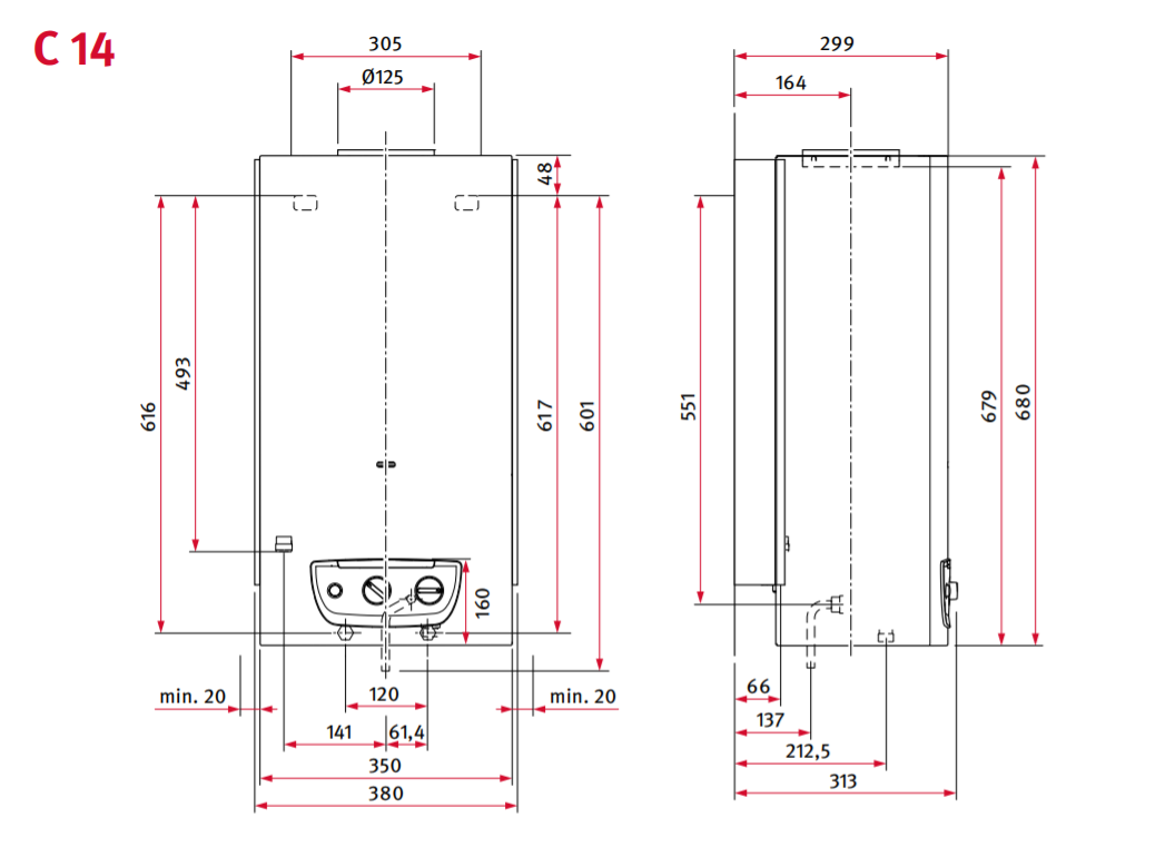 Dimensions chauffe bain Opalia C14