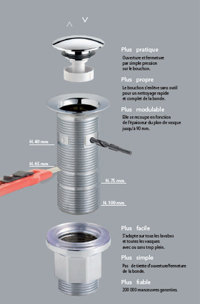 Bonde De Lavabo à Clapet Inox – Tirette Horizontale – Neuf