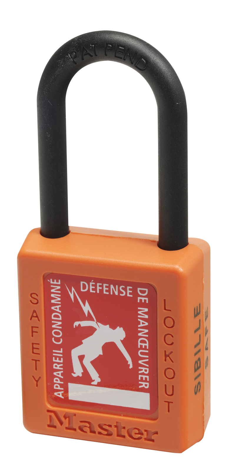 Cadenas orange en nylon, anse Ø 6 mm x H.44 mm avec étiquette de signalisation image