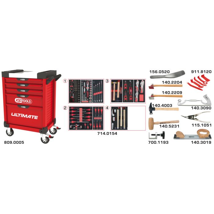 Servante ULTIMATE 5 tiroirs avec composition d’outils pour la carrosserie, 166 pièces image